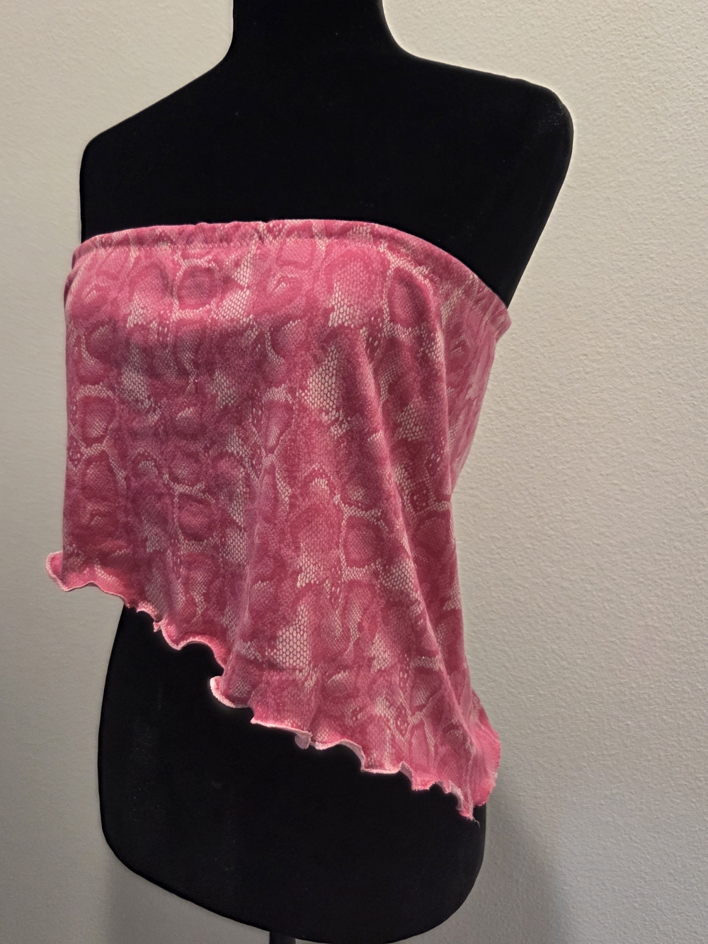 Y2k Upcycled Pink Snake-Print Tube Top Asymetrical Cotton Top Medium